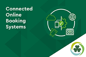 Green image with text 'connected online booking systems' and connected systems icon