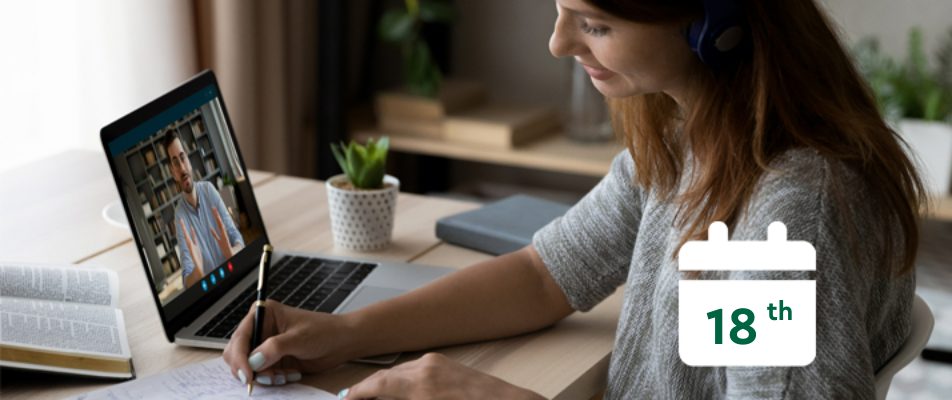 A women writing on a laptop and a calendar that reads 18th