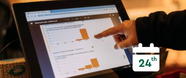 Person pointing at a screen, calendar icon reads 24th